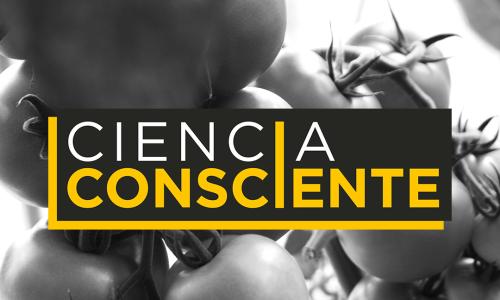 Planta de tomate con titular de episodio del podcast Ciencia Consciente 