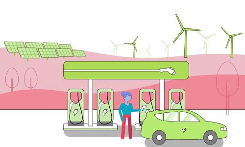 Dibujo de auto eléctrico en puesto de recarga