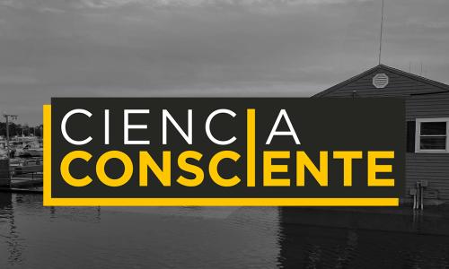 Imagen de muelle inundado por marea alta con "Ciencia Consciente" por encima.
